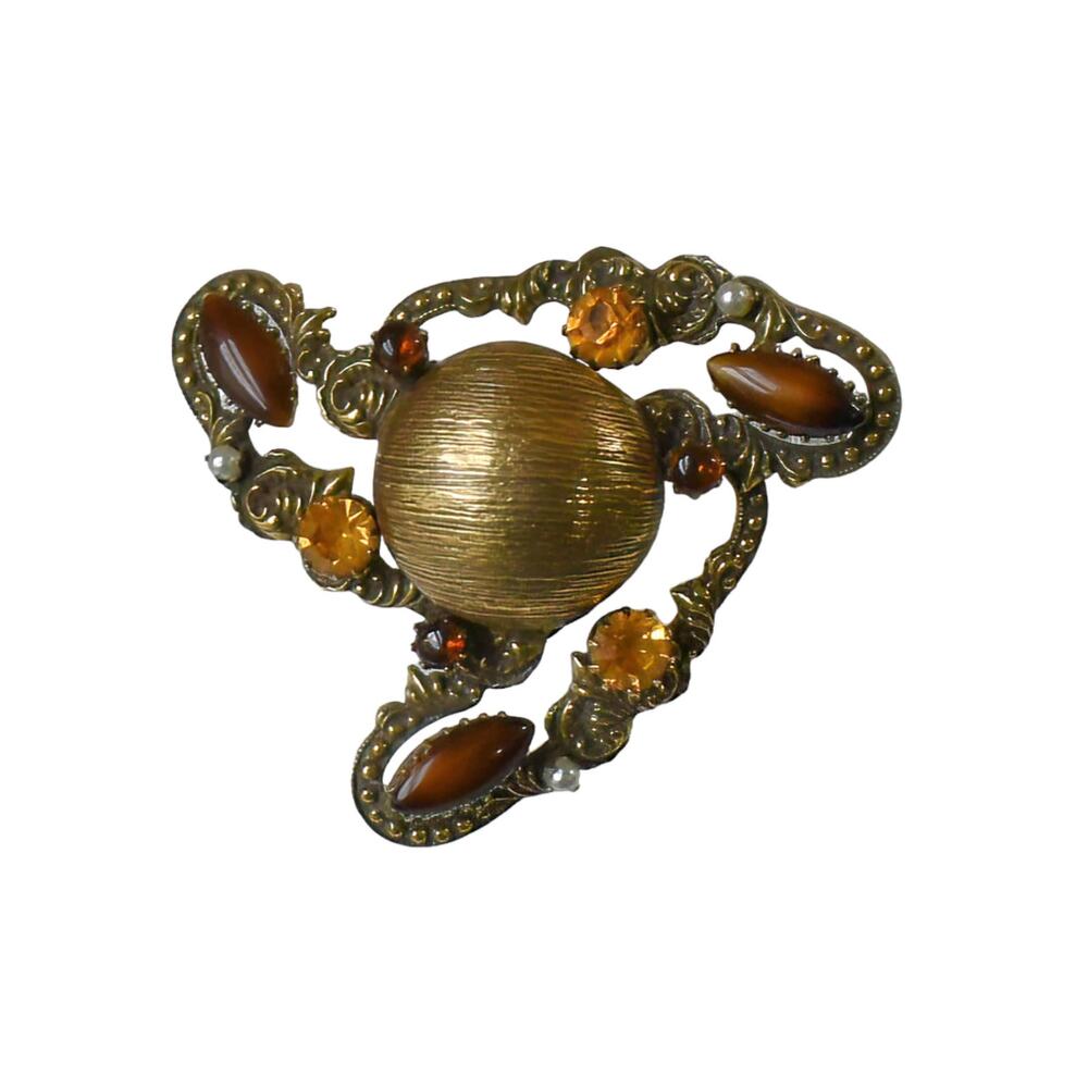 1960s Original by Robert Asymmetrical Brass  Glass Cabs & Rhinestone Pin Brooch